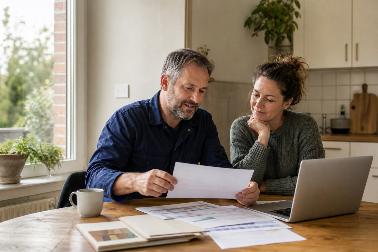 Stroomvast advisor bekijkt met een klant een energiefactuur aan de keukentafel